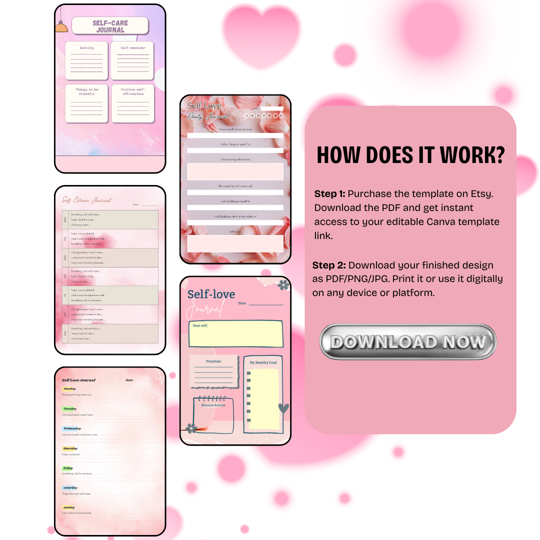 Self Love Journal Templates PDF PNG | Mindfulness & Self Care Journal | Personal Growth Workbook | Instant Download